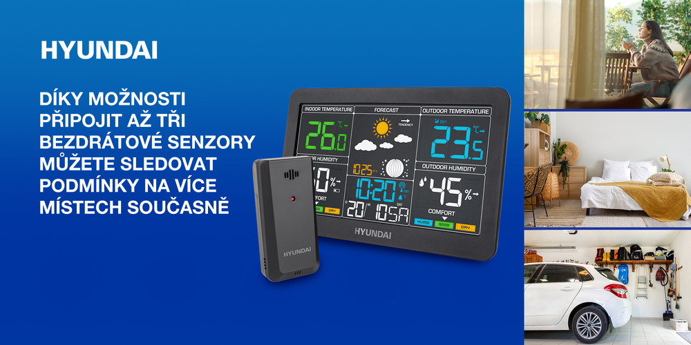 Meteorologická stanice Hyundai WS 4480 černá Černá meteostanice Hyundai WS 4480 s barevným displejem a externím bezdrátovým senzorem. Koláž vpravo znázorňuje použití v různých prostředích: na balkoně, v ložnici a v garáži