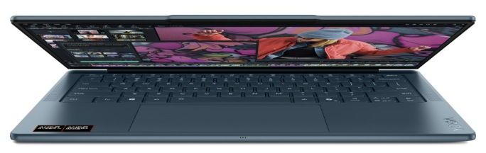 Notebook Lenovo Yoga Slim 7 14AKP10 modrý Čelní pohled na tenké tělo notebooku s pootevřeným displejem a klávesnicí