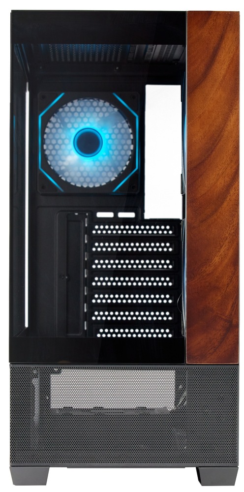 Case Cooler Master Elite 690 Wood černá Pohled na čelní část skříně s perforovanou spodní částí asvislou dřevěnou dekorační lištou.