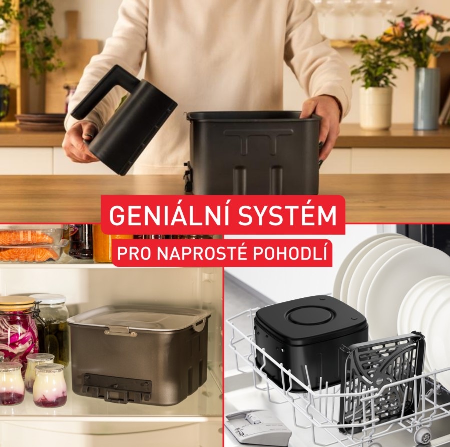 Fritéza horkovzdušná Tefal EY8428E0 Easy Fry Silence rozdělená na části a v myčce
