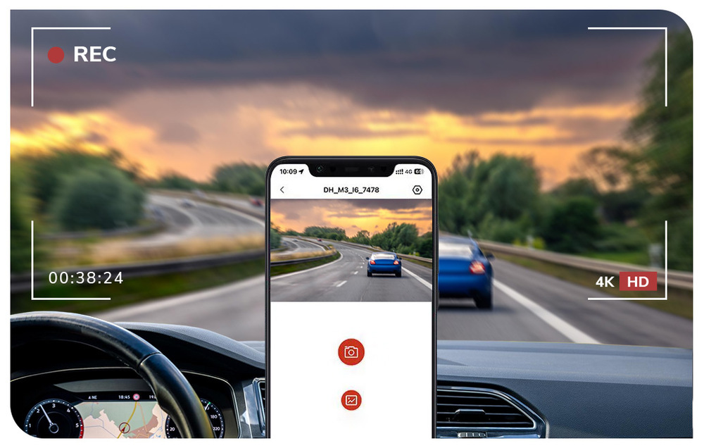 Autokamera Dahua zobrazená při ovládání a náhledu záznamu v mobilní aplikaci během jízdy.