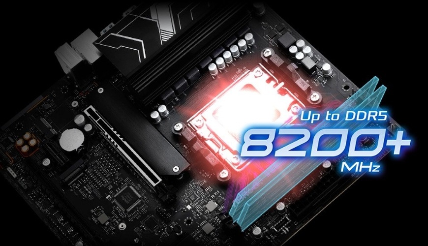 Detail slotů DDR5 na základní desce ASRock B850M-X R2.0 WIFI s podporou vysokých frekvencí pamětí