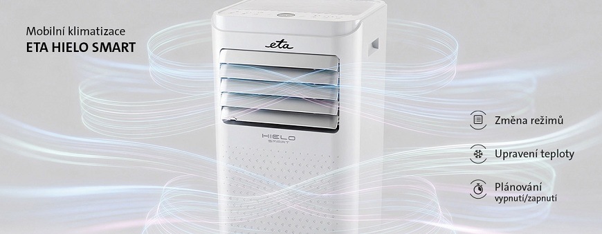 Mobilní klimatizace ETA Smart 3578 90000 2,6 kW bílá Produktový obrázek mobilní klimatizace ETA Smart. Bílá jednotka je zobrazena s grafickým znázorněním proudění studeného vzduchu. Text na obrázku uvádí: Mobilní klimatizace ETA HIELO SMART a ikony funkcí: Změna režimů, Upravení teploty, Plánování vypnutí/zapnutí