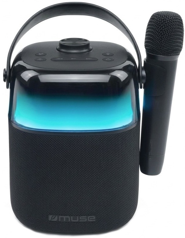 Černý Bluetooth karaoke reproduktor Muse M-520 KA s modrým podsvícením a mikrofonem