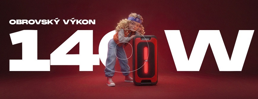 Párty reproduktor JVC XS-EP424B s obrovským výkonem 140 W a červeným podsvícením a kreslenou postavou na červeném pozadí