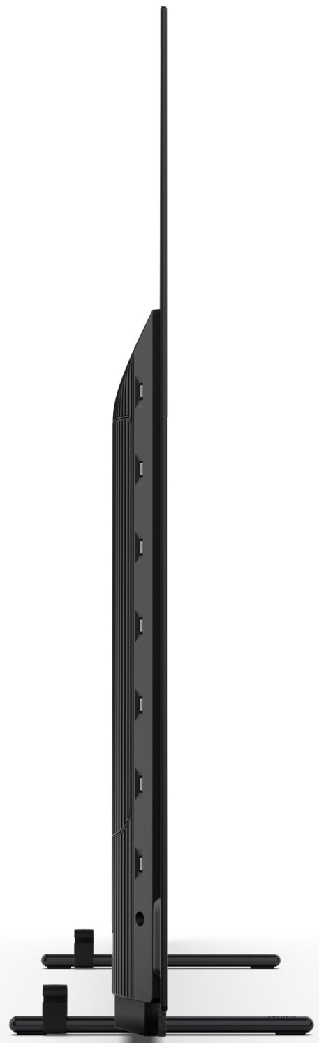 Boční profil televize Philips OLED+ 911 zdůrazňující tenký design a rozmístění portů.