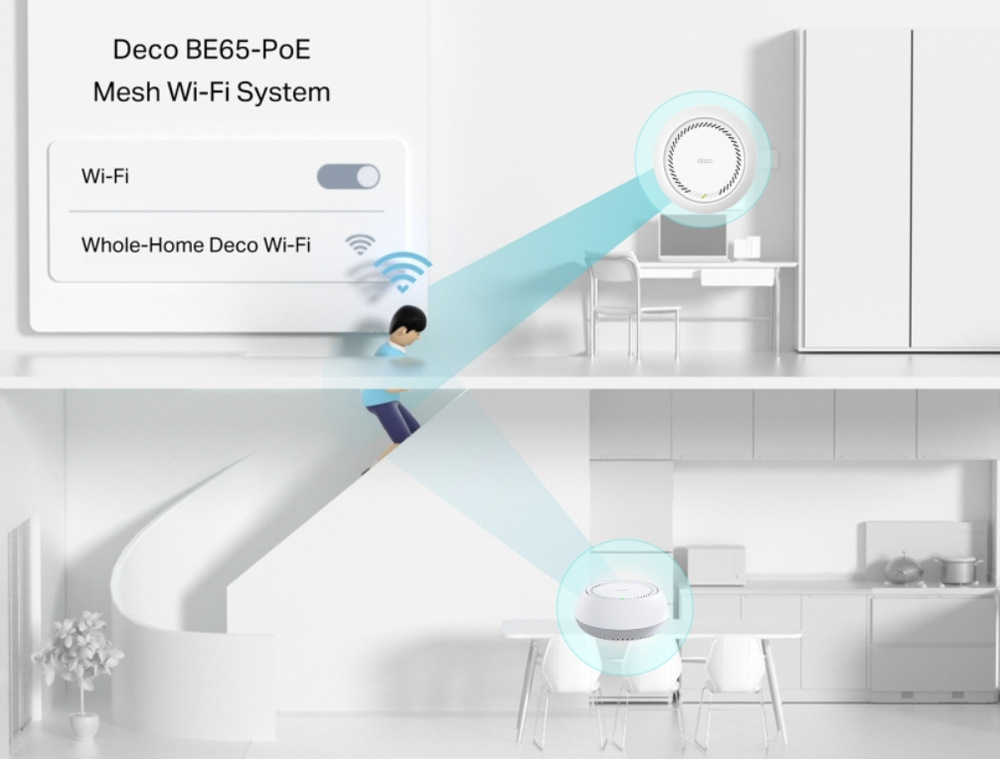 Mesh systém TP-Link Deco BE65-PoE propojující jednotky v různých podlažích domácnosti