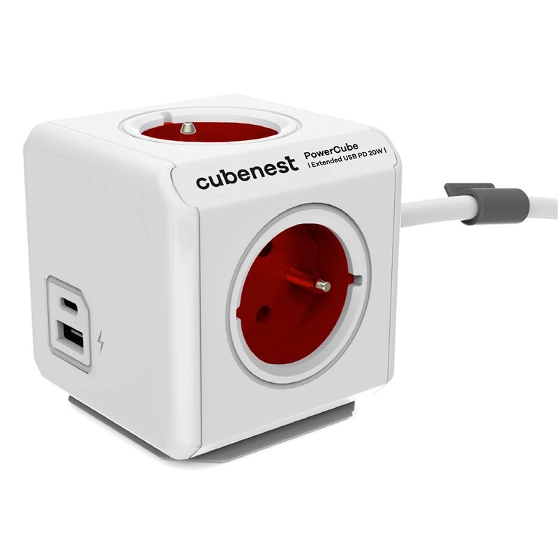 Kabel prodlužovací Cubenest Powercube Extended USB PD 20W, USB, USB-C, 4x zásuvka, 1,5m bílý/červený