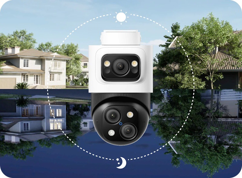 Kamerový systém Anker eufy PoE (4 ks kamera S4 Max + NVR) bílý Duální kamera eufy S4 Max v prostředí rodinného domu, ukazující denní a noční dohled
