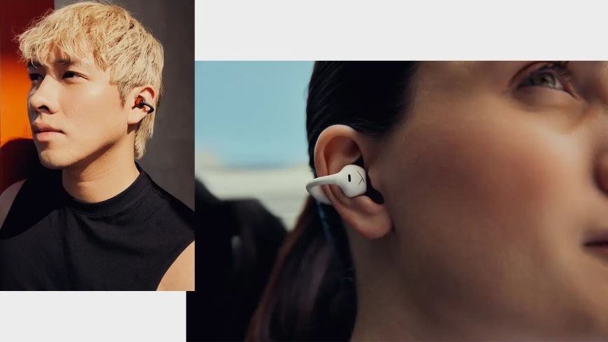Sluchátka Beyerdynamic Amiron Zero Bluetooth Open-Ear Clip černá/oranžová Muž s pohodlným klipovým sluchátkem a detail ženy s klipovým sluchátkem Beyerdynamic Amiron Zero