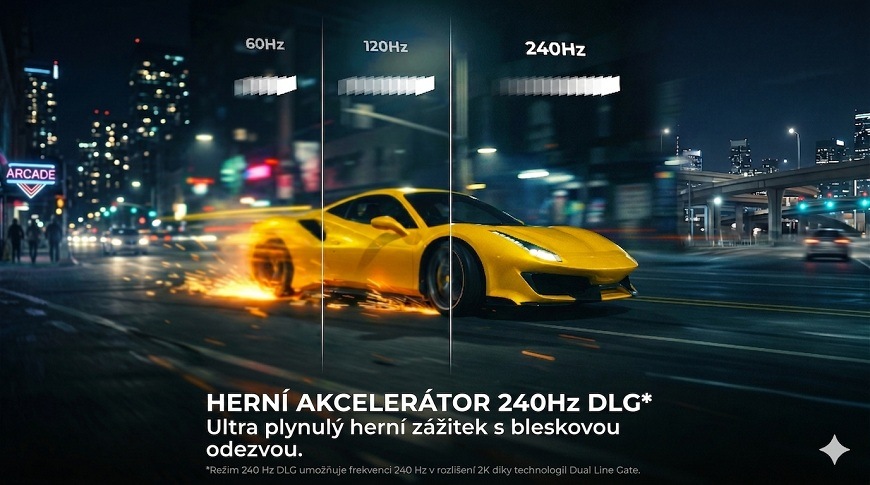 Televize Haier H75S90GUX žluté závodní auto jede a je rozdělené na 3 díly - 60 hz, 120 hz, 240 hz