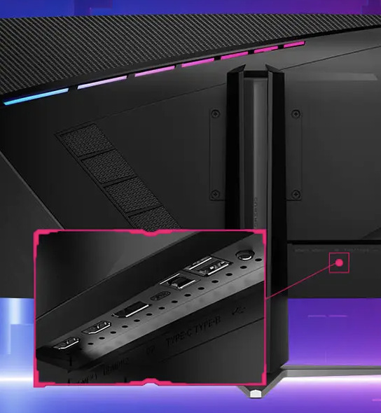 Zadní strana monitoru MSI MPG 346CQRF X24 s detailem dostupných konektorů