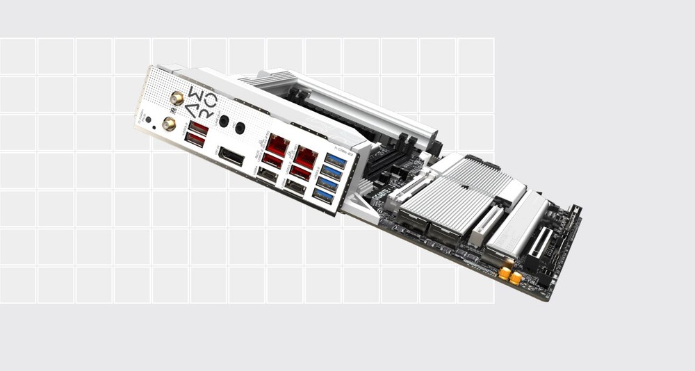 Základní deska GIGABYTE TRX50 AERO D Obrázek zobrazuje zadní panel počítače s několika porty, včetně USB, HDMI a Ethernet. Ikony nahoře označují podporu 5G LAN a Wi-Fi 7. Vpravo je vyobrazena bílá anténa.
