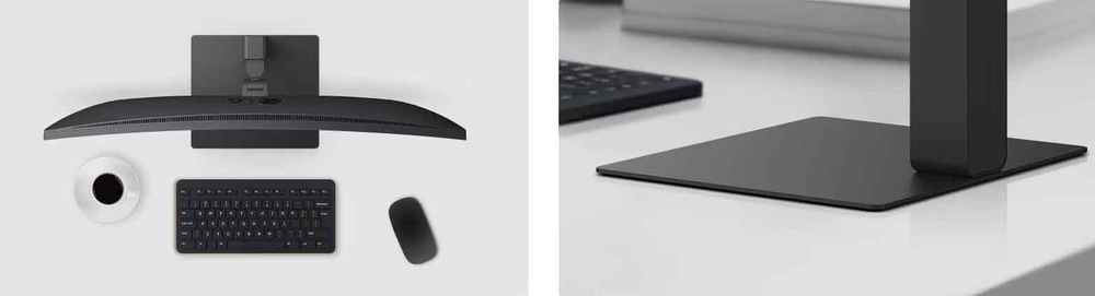  Elegantní, minimalistické pracovní prostředí se zakřiveným monitorem, bezdrátovou klávesnicí, myší a šálkem kávy.