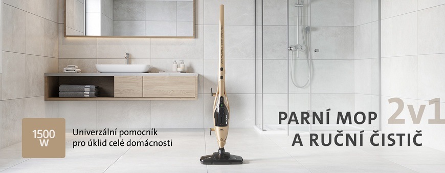 Parní čistič ETA Vapuro 2261 90000 - rozbaleno - 24 měsíců záruka Béžový parní mop a ruční čistič 2v1 ETA stojící v moderní koupelně. Obrázek obsahuje texty: PARNÍ MOP 2v1 A RUČNÍ ČISTIČ, Univerzální pomocník pro úklid celé domácnosti a 1500 W