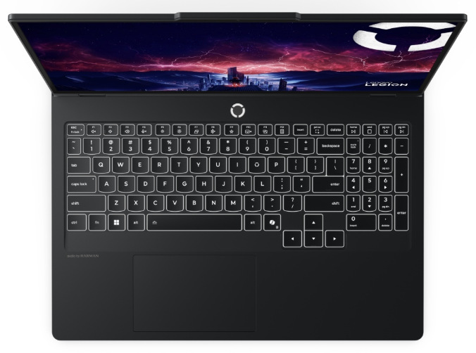 Pohled shora na klávesnici s numerickou částí a touchpad notebooku Lenovo Legion Pro 5