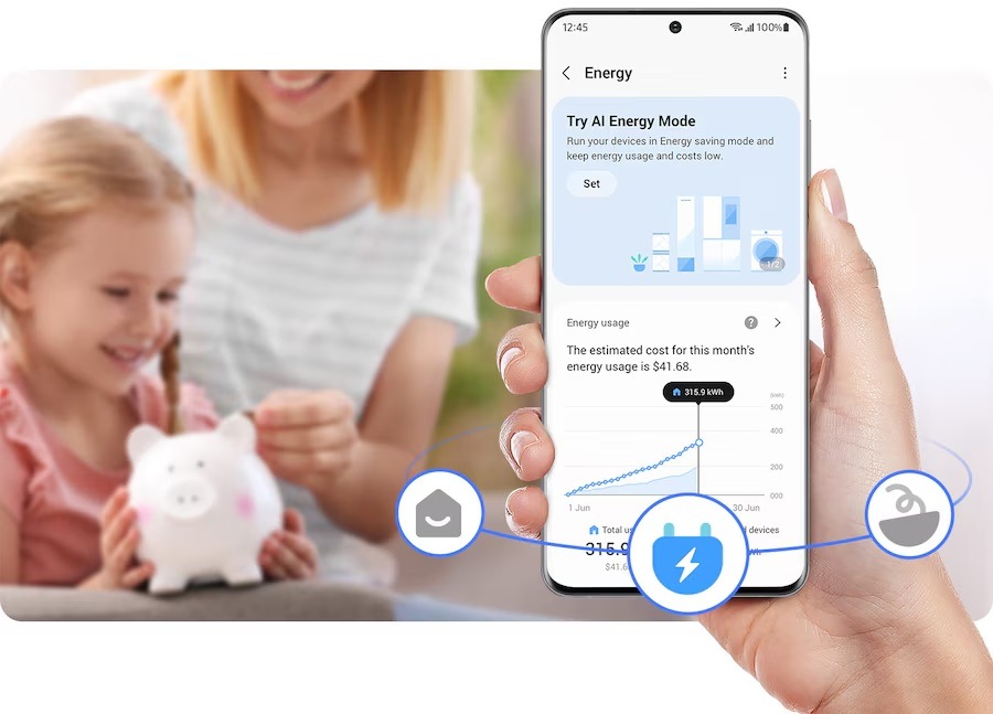 Aplikace SmartThings Energy na mobilním telefonu