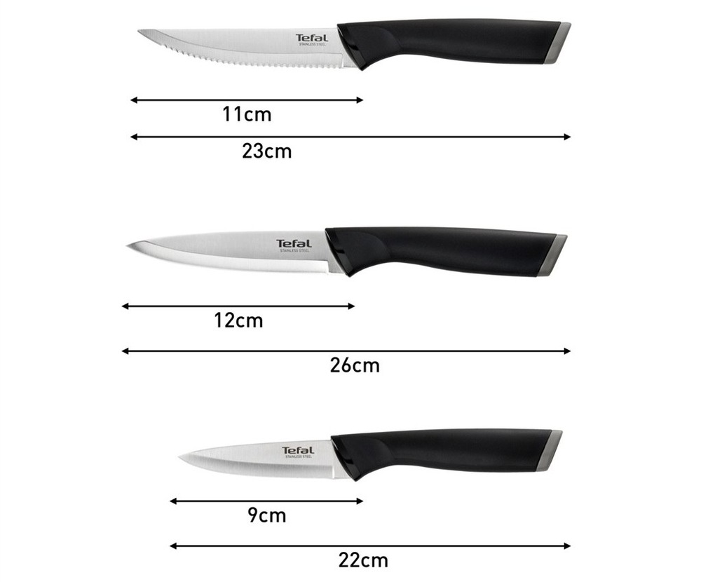 Sada kuchyňských nožů Tefal Essential K2219455, 3 ks nerez Tři nože ze sady Tefal Essential K2219455 včetně uvedených rozměrů