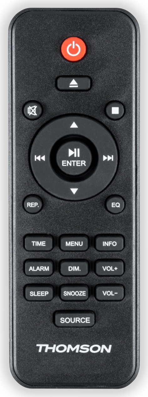 Mikrosystém Thomson MIC123DABBT černý/hnědý Černý dálkový ovladač mikrosystému Thomson s tlačítky pro přehrávání, hlasitost, volbu zdroje, ekvalizér, nabídku, budík, časovač vypnutí a opakované buzení.