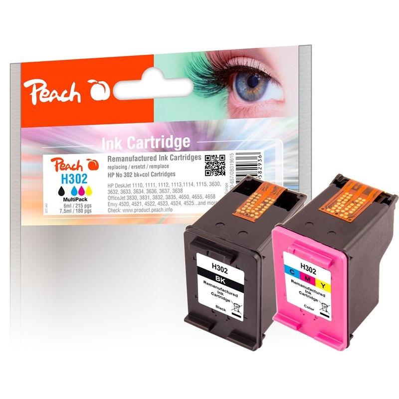 Inkoustová náplň Peach HP 302, MultiPac, 215/180 stran vícebarevná