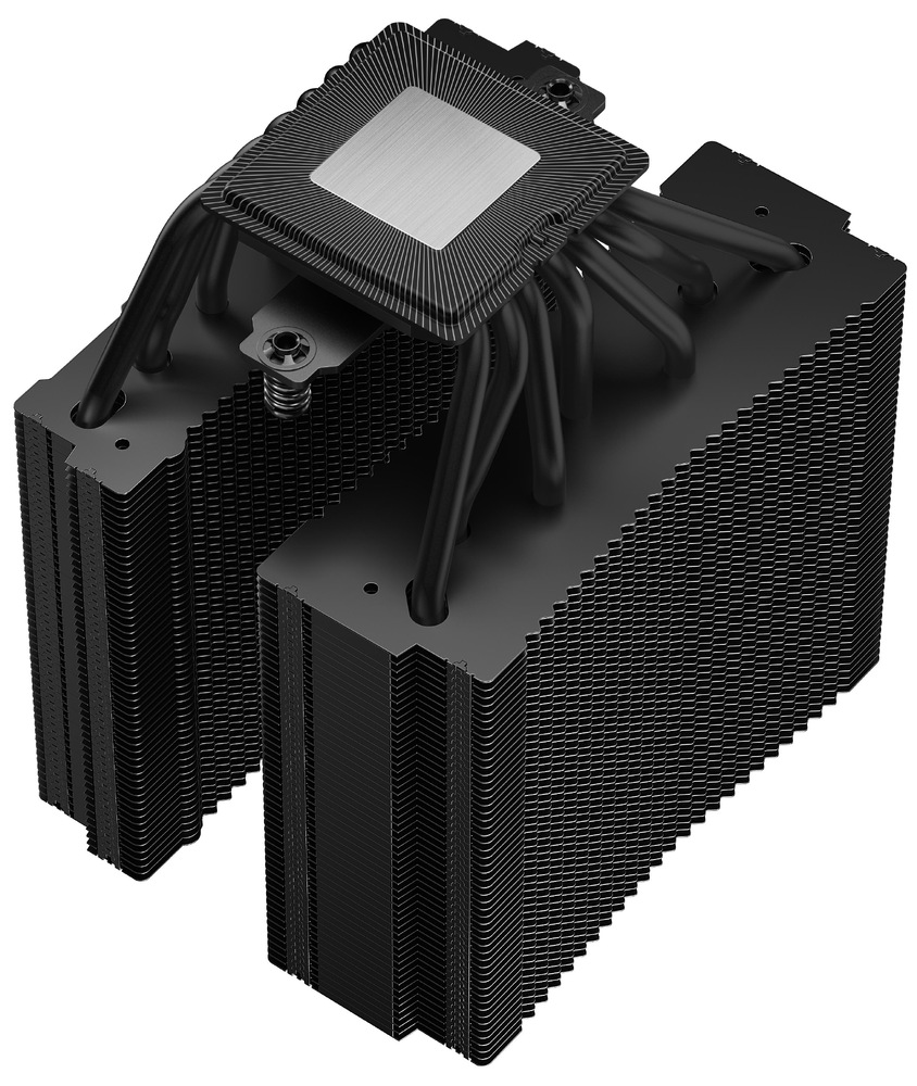 Chladič CPU DeepCool Assassin IV VC Vision černý Snímek spodní strany chladiče. Jsou vidět zmiňované heatpipe, vedoucí od základny do chladiče.