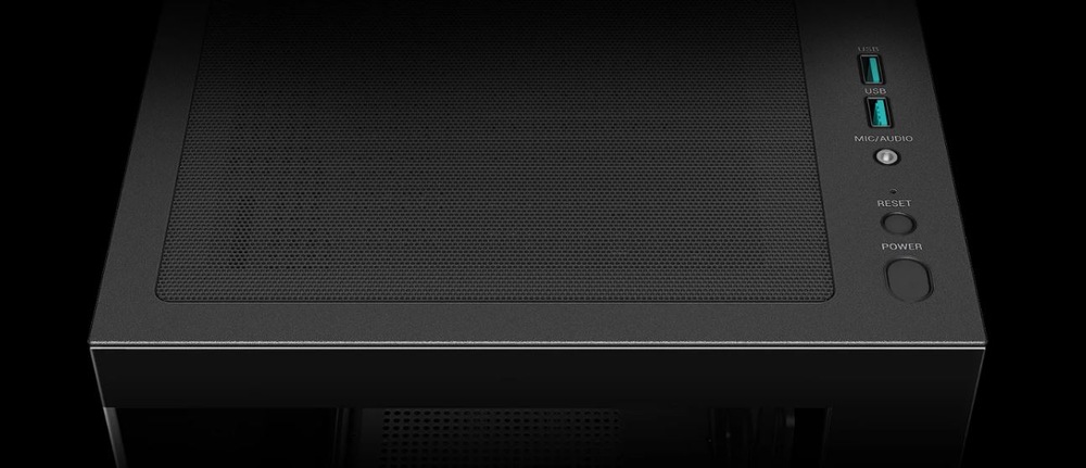 Case DeepCool CG580 černá Horní pohled na elegantní černou počítačovou skříň s perforovaným kovovým panelem pro větrání, USB porty a audio konektory na boku.
