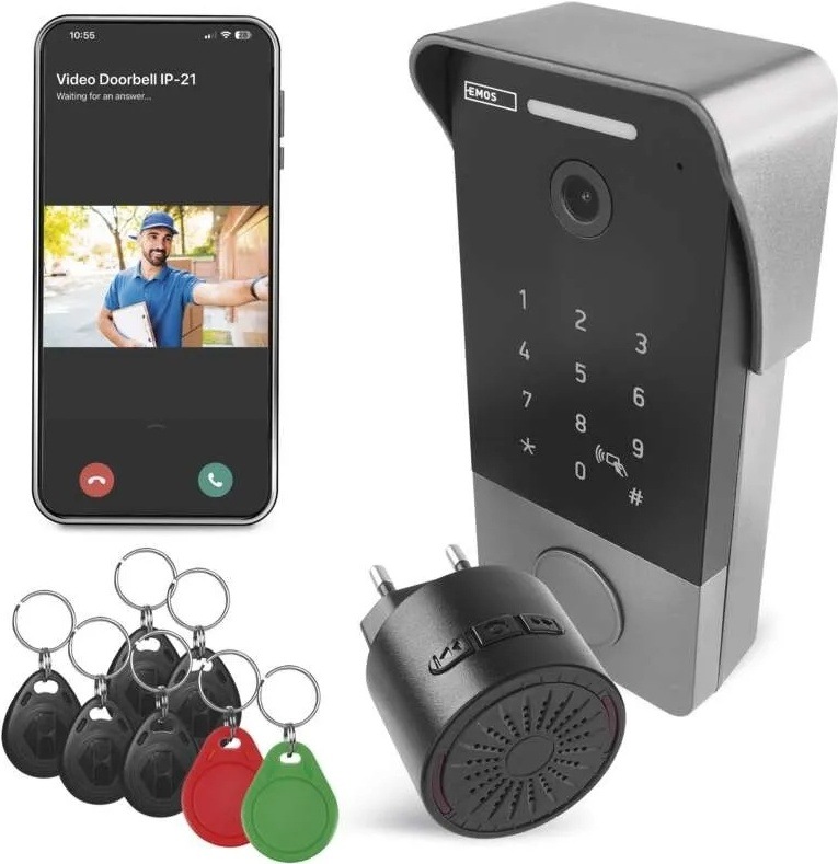 Videozvonek EMOS GOSMART IP-21PoE (keypad) šedý Chytrý videozvonek EMOS GoSmart IP-21 a smartphone s mobilní aplikací a RFID čipy