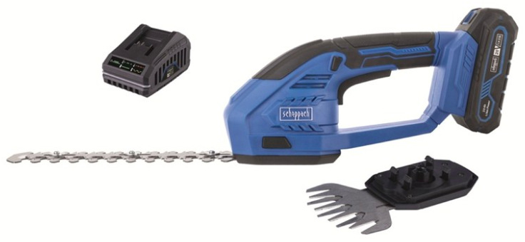 Nůžky na trávu Scheppach C-HTGS200-X-SET S s lištami, akumulátorem a nabíječkou.