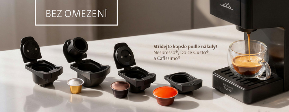 Kapslový kávovar ETA Multicaps Nuovo 6175 90000 černý Šet výměnných adaptérů na kapsle vedle kapslového kávovaru ETA Multicaps Nuovo. Text na obrázku: Bez omezení. Střídejte kapsle podle nálady! Nespresso, Dolce Gusto a Cafissimo.