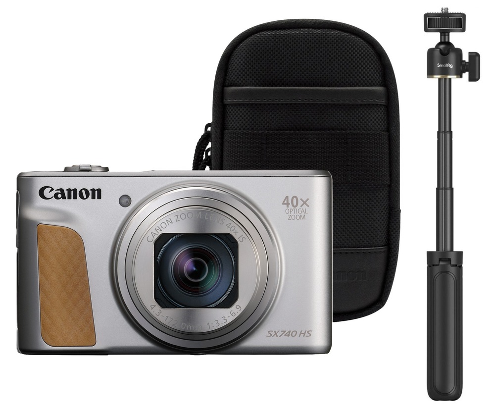 Digitální fotoaparát Canon PowerShot SX740 HS, TRAVEL KIT II stříbrný Kompaktní fotoaparát Canon PowerShot SX740 HS s cestovním pouzdrem a stativem, stříbrná barva