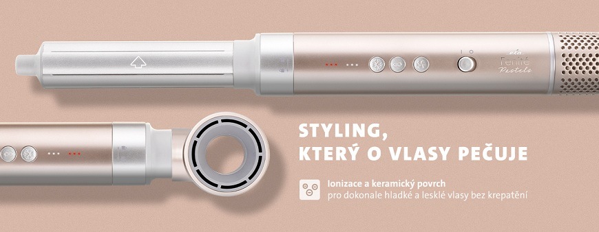 Detail ovládacího panelu a nástavců ETA Fenité Pastels. Text zdůrazňuje ionizaci a keramický povrch pro lesklé vlasy bez krepatění. Růžovo-zlaté provedení s moderními funkcemi