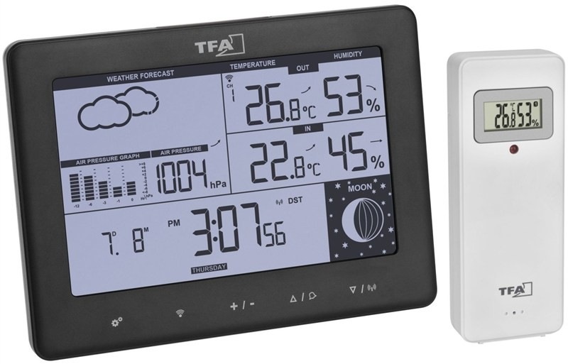 Meteostanice TFA 35.1158.01.GB ELEMENTS zobrazuje počasí, teplotu, vlhkost, tlak