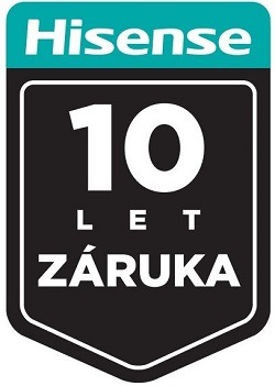 logo 10 let záruky na kompresor chladničky Hisense. Bílé písmo na tmavem podkladu