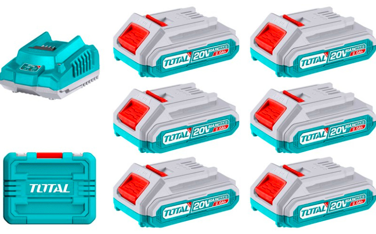 Set baterie a nabíječky Total Tools TFBCLI2062 se šesti 20V akumulátory, rychlonabíječkou a plastovým kufrem