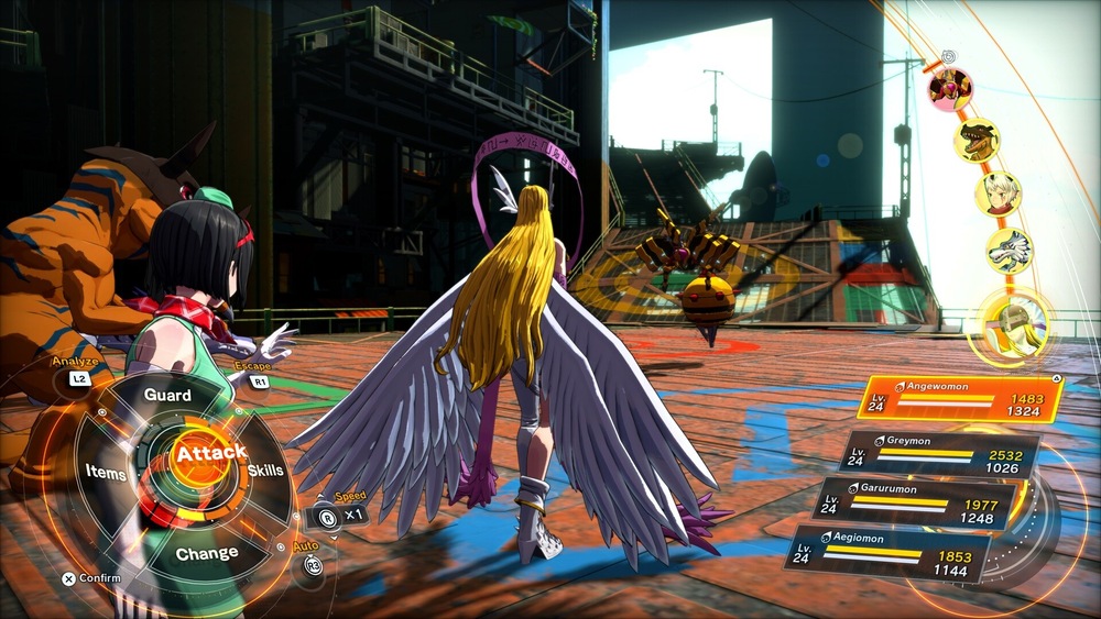 Snímek obrazovky z akční hry Digimon Story: Time Stranger: spřídlená blonďatá válečnice čelí nepřátelům v barevné průmyslové aréně, přičemž jsou viditelná nabídková menu útoků a ukazatele zdraví.