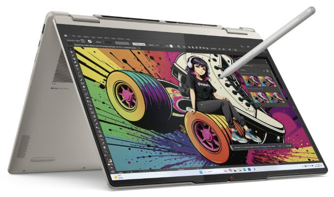 Notebook Lenovo Yoga 7 2-in-1 14AKP10 béžový Konvertibilní Lenovo Yoga 7 2-in-1 14AKP10 v režimu stojánku s dotykovým perem