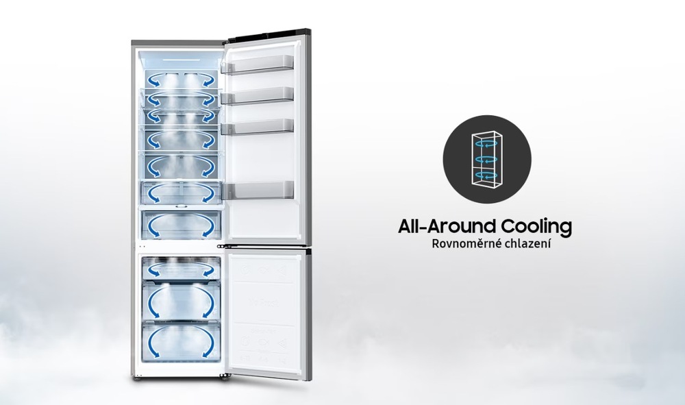Otevřená lednice se znázorněním systému rovnoměrného chlazení All-Around Cooling