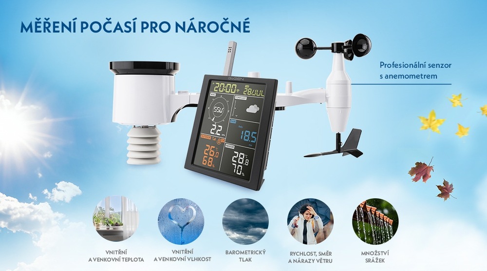 Meteostanice GoGEN ME 3700 s profesionálním senzorem s anemometrem a výpisem vlastností na pozadí oblohy