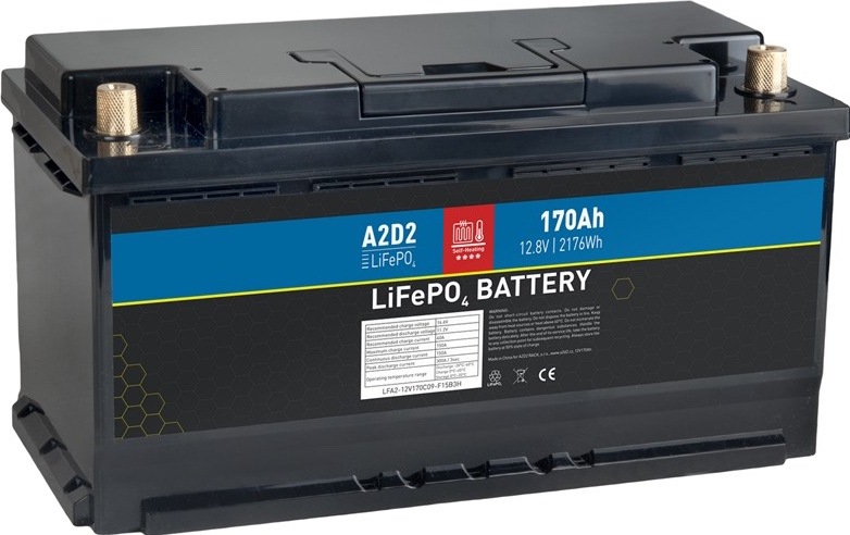 Černý akumulátor A2D2 LiFePO4 12,8 V s kapacitou 170 Ah a horními konektory F15.