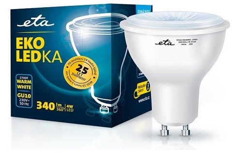 Žárovka LED ETA EKO LEDka bodová 4W, GU10, teplá bílá žárovka ETAGU10W4WW01