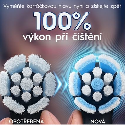 Náhradní hlavice Oral-B iO Gentle Care Black (6 ks) černá Detailní pohled na opotřebenou hlavici a novou hlavici. Pro skvělé výsledky je nutná pravidelná výměna kartáčkové hlavice.