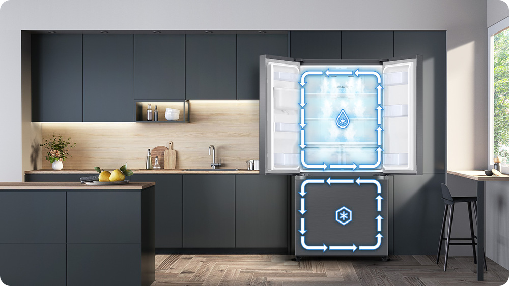 V kuchyni umístěná lednice se znázorněním oddělených okruhů chlazení Twin Cooling