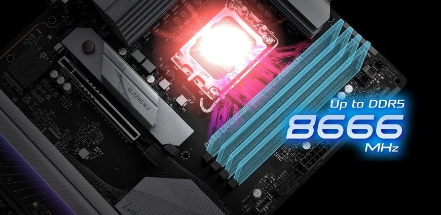 Detail slotů DDR5 na desce ASRock B860 LiveMixer WiFi s podporou frekvencí až 8666 MHz