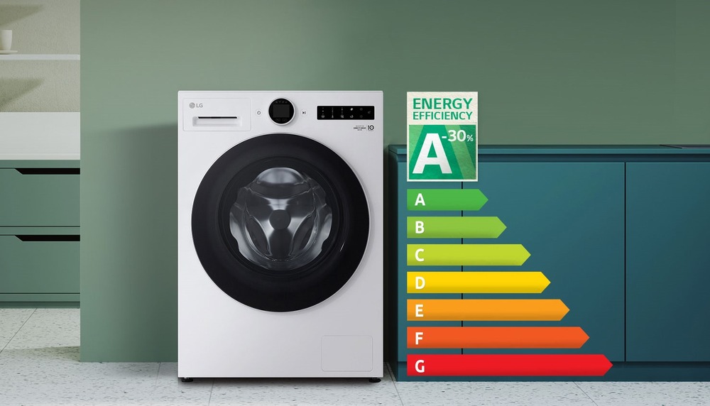 Pračka LG F4X7513TLB se znázorněním, že ze všech energetických tříd je zařazena to té nejlepší úsporné třídy A.