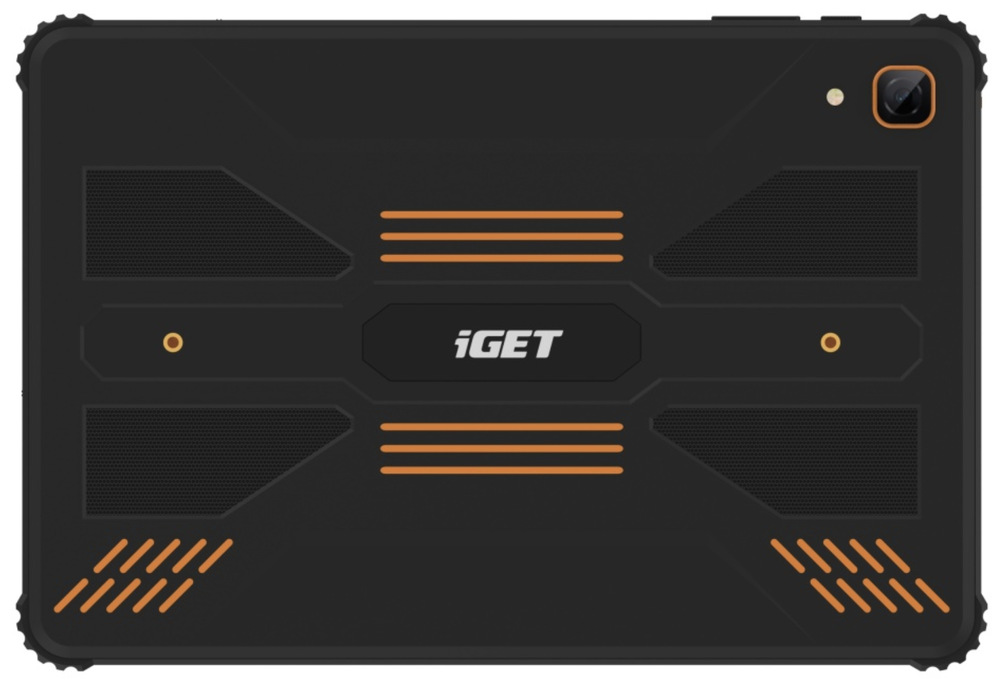 Dotykový tablet iGET Smart RT2 6 GB / 128 GB černý/oranžový Zadní strana tabletu iGET Smart RT2 s 13Mpx fotoaparátem a oranžovými prvky