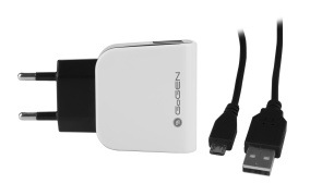 Nabíječka do sítě GoGEN ACH 201 C, 2x USB + microUSB kabel 1,2m černá/bílá