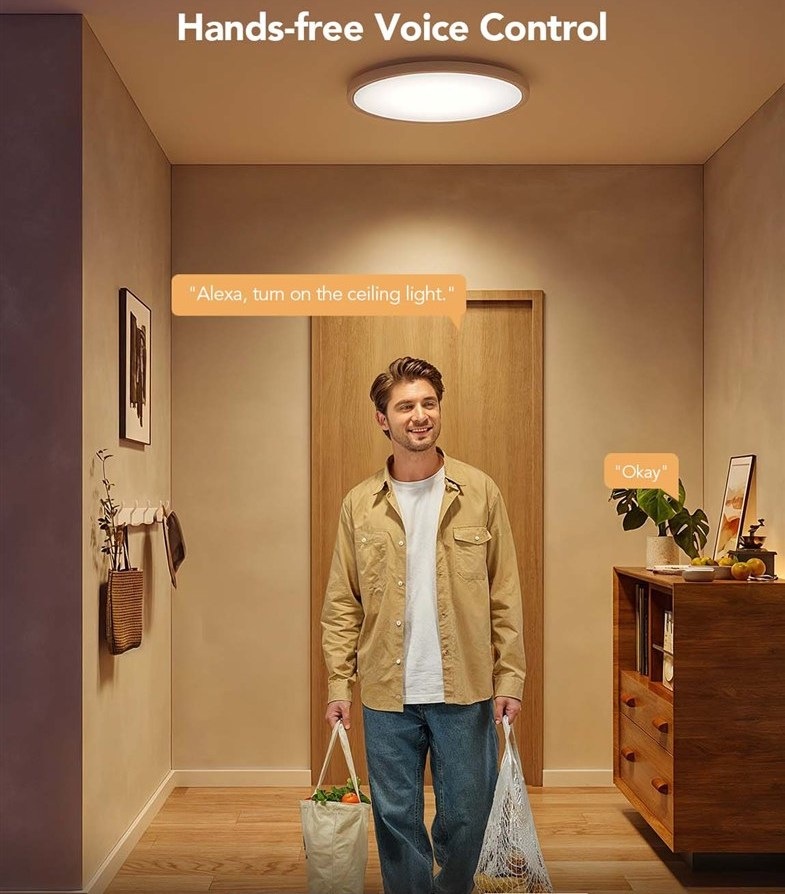 Stropní svítidlo Govee Ceiling Light RGBICWW Smart, 2400lm, 30cm, Matter bílé Ukázka hlasového ovládání stropního svítidla Govee přes Alexa v interiéru domácnosti