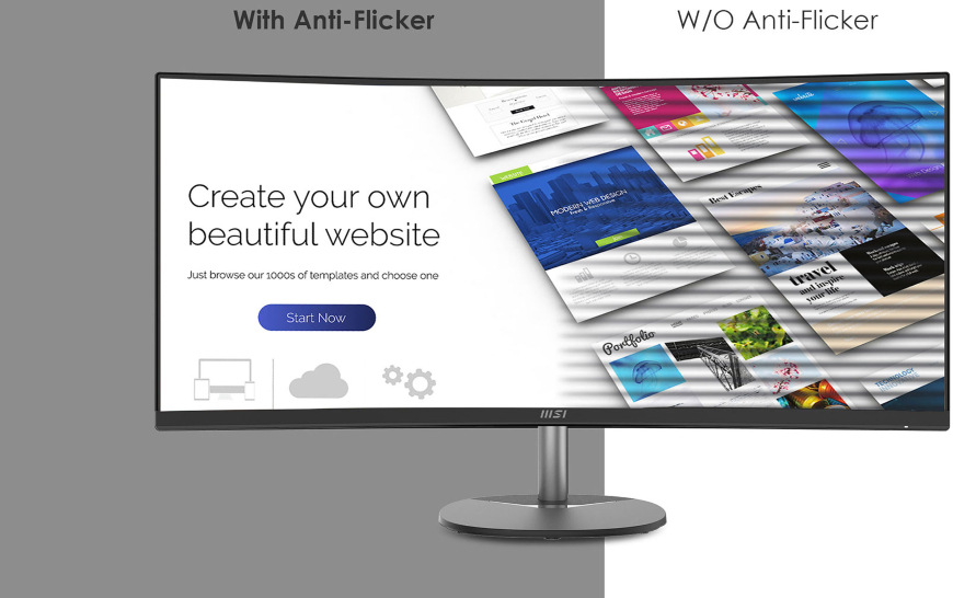 Monitor MSI PRO MP341CQ E12 černý Monitor MSI PRO MP341CQ E12 bez černých pruhů díky funkci Anti-Flicker a obyčejný displej bez funkce potlačující blikání