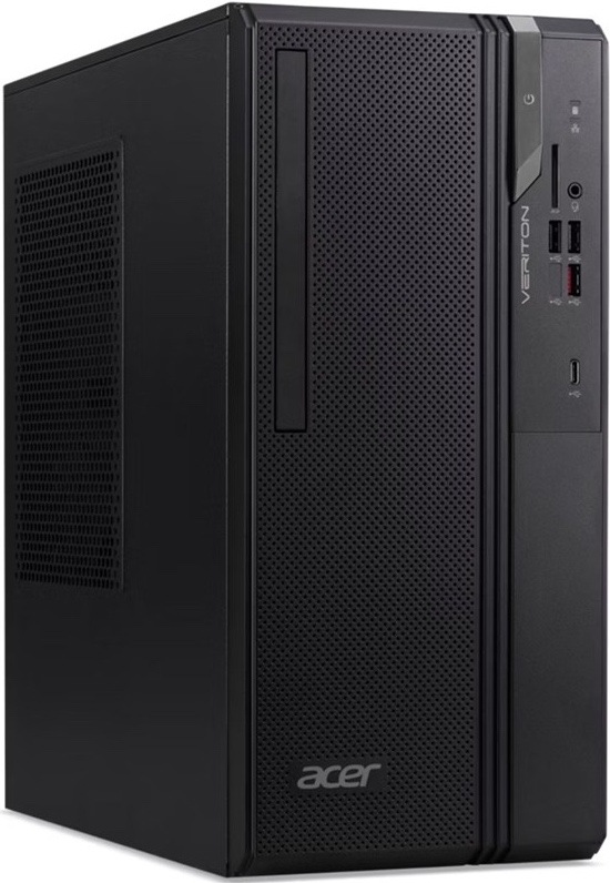 Stolní počítač Acer Veriton S2735G W FR300W 92+ černý Na obrázku je stolní počítač Acer Veriton S2735G v černém provedení z předního šikmého pohledu. Skříň má kompaktní kancelářský tvar, perforovaný čelní panel pro lepší proudění vzduchu a boční větrací mřížku. Na přední straně je svislá mechanika, logo Acer a ovládací panel s tlačítkem napájení, čtečkou karet, audio konektorem a několika USB porty včetně USB-C. Celkově působí střídmě a prakticky pro pracovní nasazení.