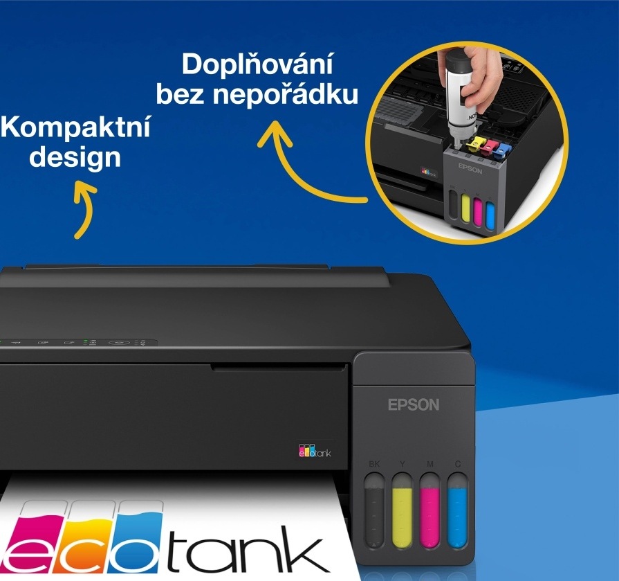 Tiskárna inkoustová Epson EcoTank L1350 černá Detail tiskárny včetně výřezu ukazujícího doplňování inkoustu do zásobníku